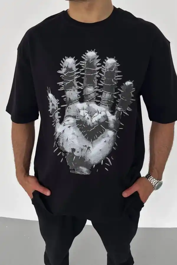 Erkek Baskılı T-Shirt Kısa Kol Bisiklet Yaka Regular Fit Rahat Kalıp Günlük Tişört - Siyah