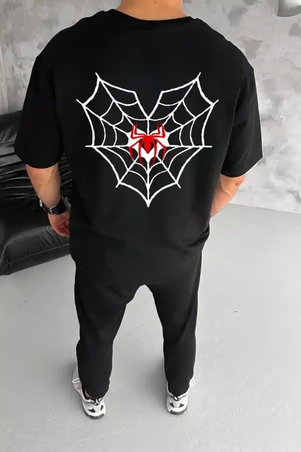 Erkek Kısa Kol Tişört Bisiklet Yaka ÖRÜMCEK Baskılı Oversize T-Shirt - Siyah