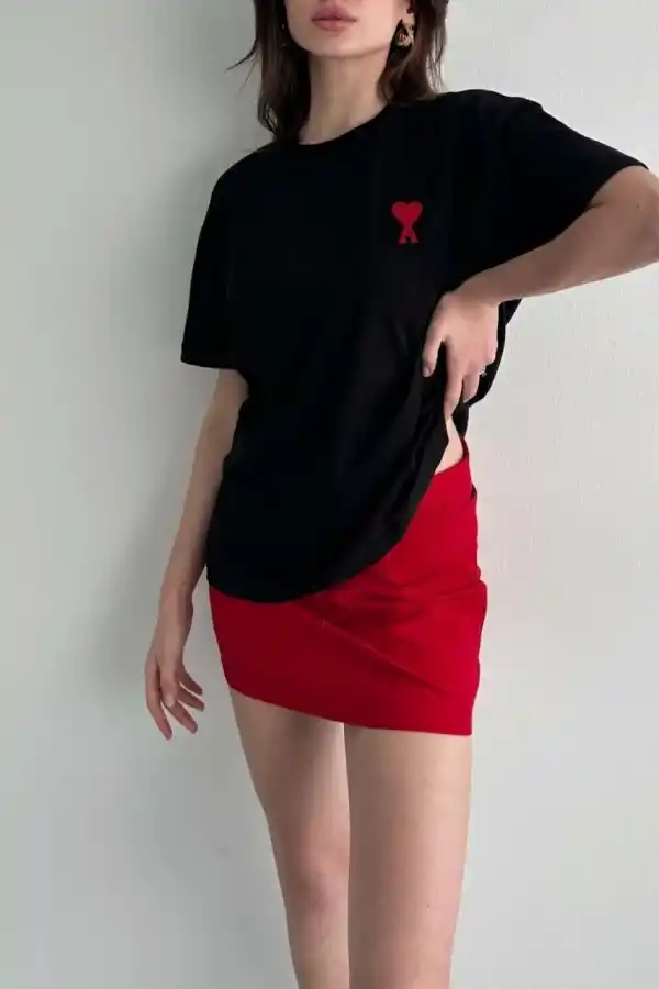 Kadın Tişört Bisiklet Yaka Baskılı Oversize Kısa Kol T-Shirt - Siyah