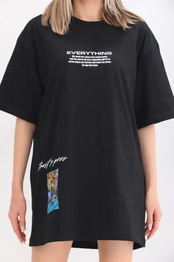 kadın  Bisiklet Yaka Baskılı Oversize T-Shirt - Siyah