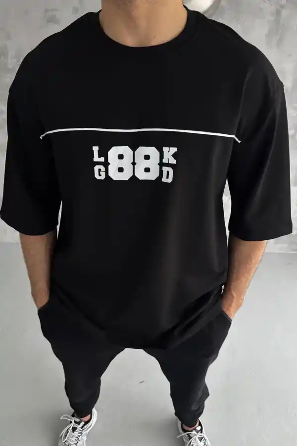 Erkek Kısa Kol Yazlık Tişört Bisiklet Yaka Baskılı Oversize T-Shirt - Siyah