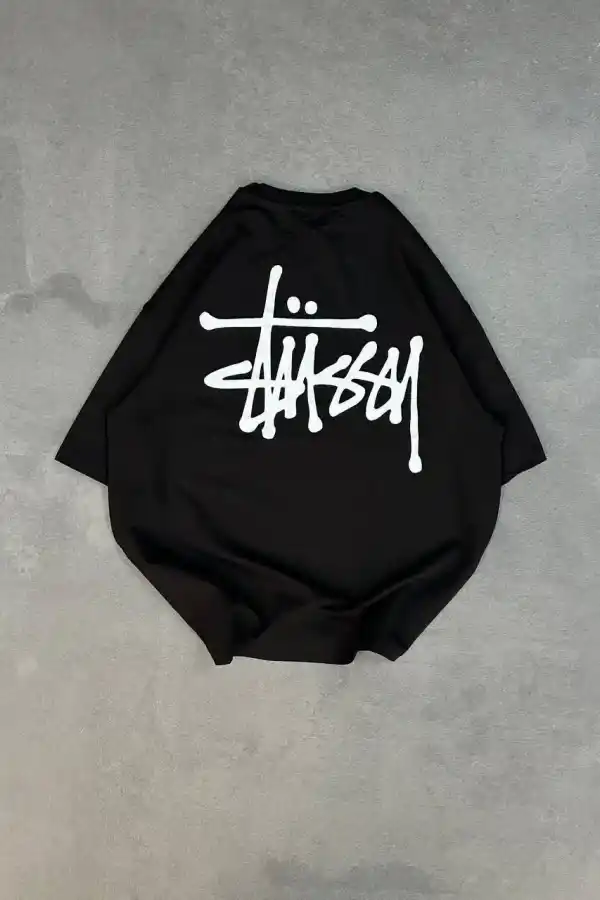 kadın Bisiklet Yaka Baskılı Oversize  Kısa kol T-Shirt - Siyah
