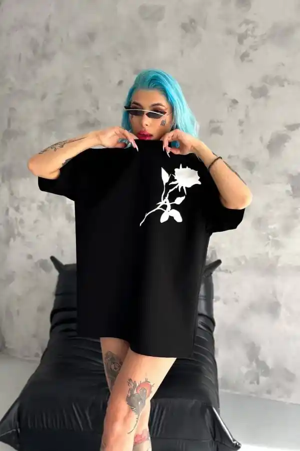 kadın Bisiklet Yaka Baskılı Oversize  Kısa kol T-Shirt - Siyah