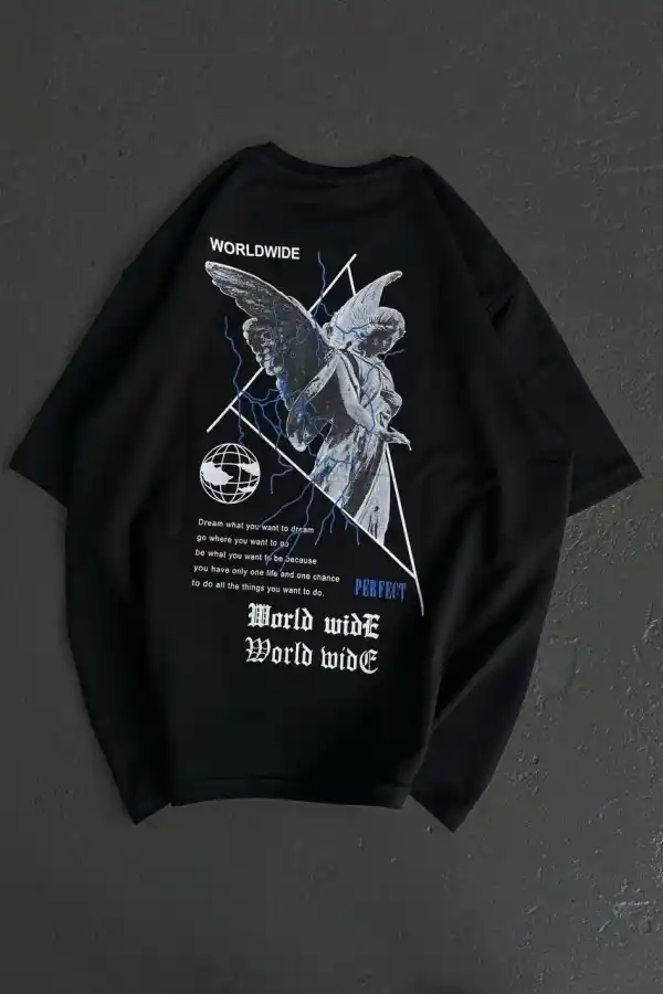 Kadın Baskılı T-Shirt Kısa Kol Bisiklet Yaka Oversize Rahat Kalıp Günlük Tişört   - Siyah