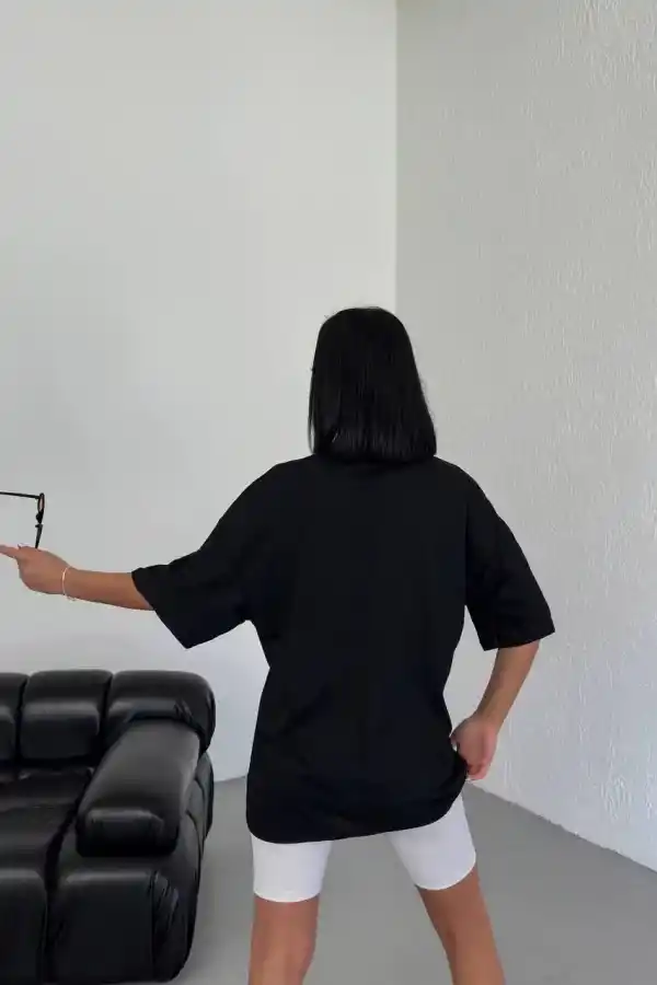 Kadın Kısa Kol Yazlık Tişört Bisiklet Yaka Los Angeles Baskılı T-Shirt - Siyah