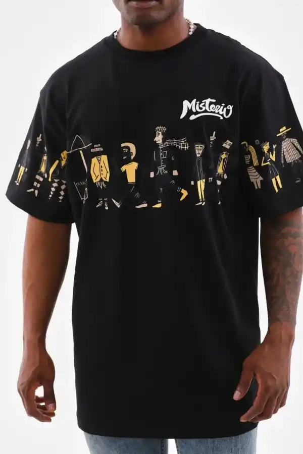 Erkek Kısa Kol Yazlık Tişört Bisiklet Yaka Baskılı Oversize T-Shirt - Siyah