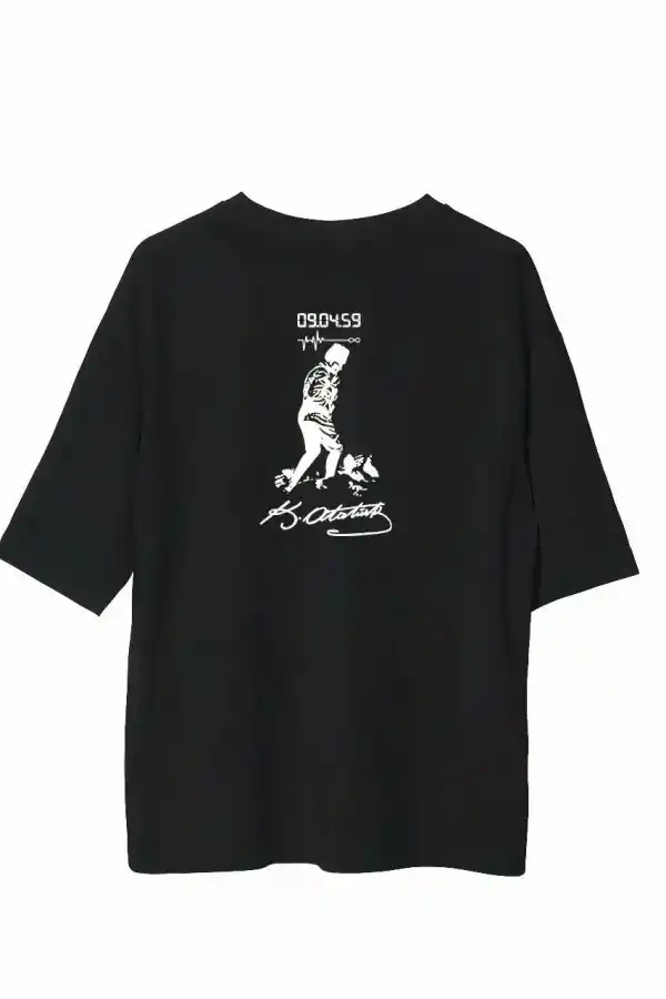 Erkek Kısa Kol Tişört Bisiklet Yaka ATATÜRK Baskılı T-Shirt - Siyah