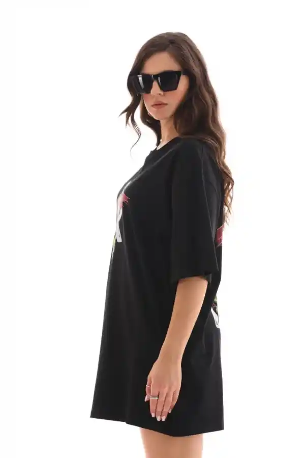 Kadın Baskılı T-Shirt Kısa Kol Bisiklet Yaka Regular Fit Rahat Kalıp Günlük Tişört -Siyah