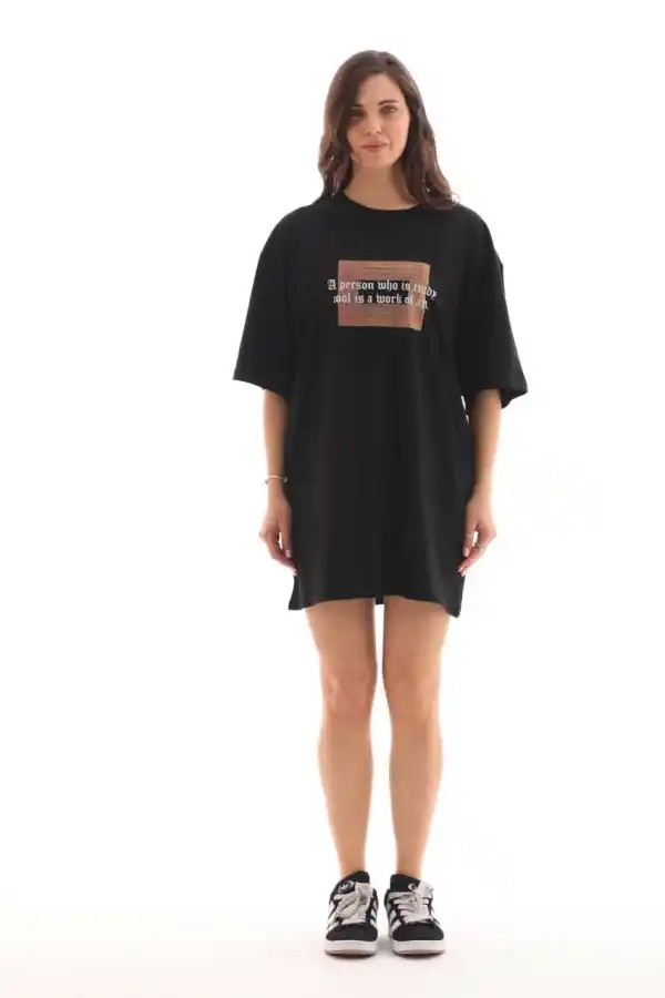 Kadın Baskılı T-Shirt Kısa Kol Bisiklet Yaka Oversize Rahat Kalıp Tişört - Siyah