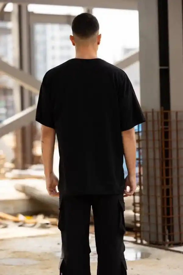 Erkek Baskılı T-Shirt Kısa Kol Bisiklet Yaka Regular Fit Rahat Kalıp Günlük Tişört - Siyah