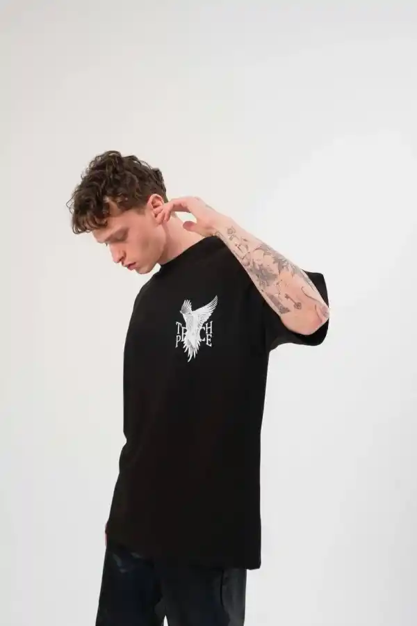 Erkek Kısa Kol Yazlık Tişört Bisiklet Yaka Baskılı Oversize T-Shirt - Siyah