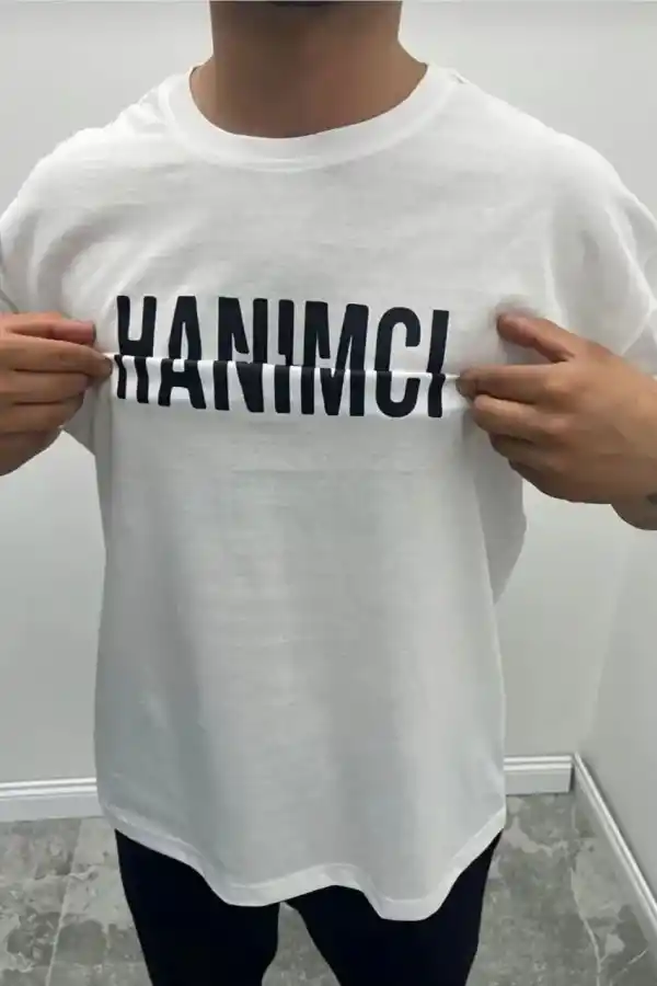 Erkek Tişört Kısa Kol Bisiklet Yaka Katlanan HANIMCI Baskılı T-Shirt - Beyaz