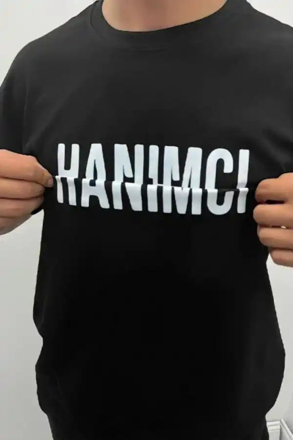 Erkek Tişört Kısa Kol Bisiklet Yaka Katlanan HANIMCI Baskılı T-Shirt - Siyah