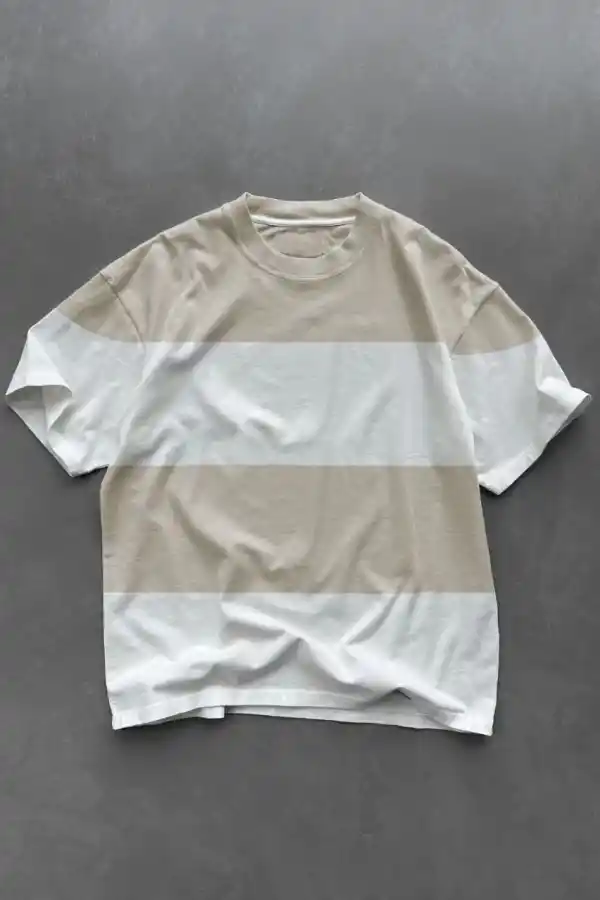 Erkek  Kısa kol  Bisiklet Yaka Parçalı T-Shirt - Bej