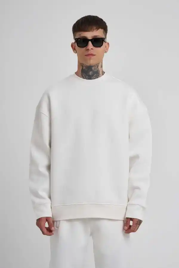 ERKEK Bisikilet Yaka 3 plik Pamuklu SweatShirt - Beyaz