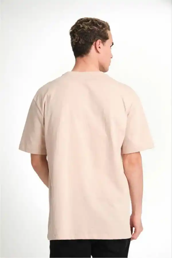 ERKEK Düz Tişört Bisikilet Yaka Kısa Kol Oversize T-shirt - Bej