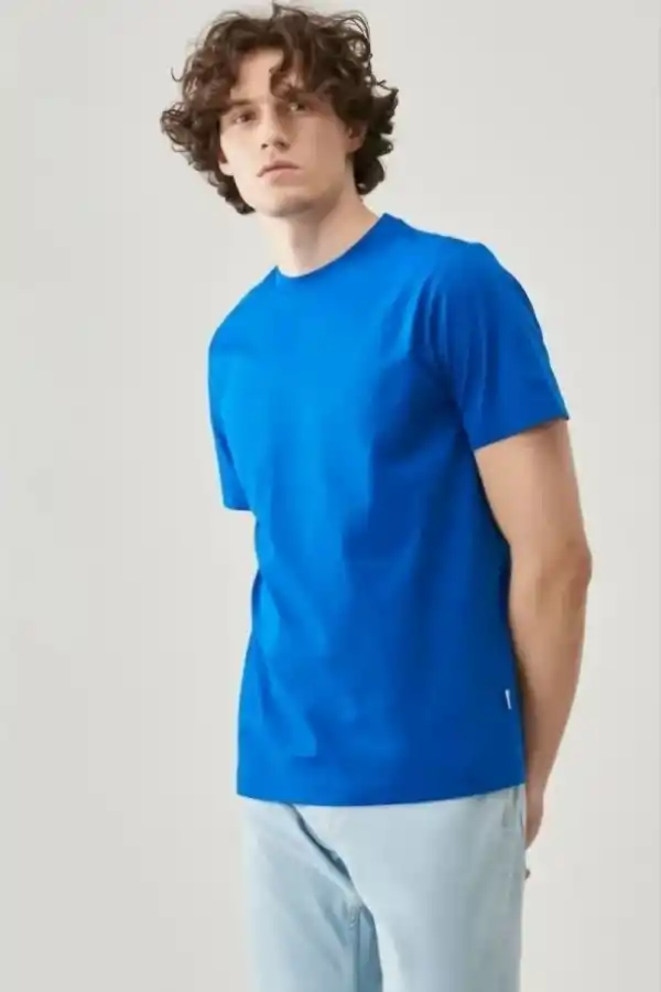 ERKEK Tişört Kısa Kol Düz Bisikilet Yaka Oversize T-shirt - Mavi