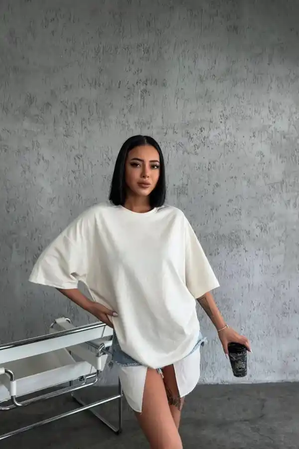 Kadın Düz T-Shirt Kısa Kol Bisiklet Yaka Oversize Rahat Kalıp Günlük Tişört - Beyaz