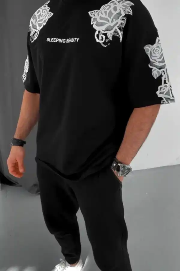 Erkek Kısa Kol Yazlık Tişört Bisiklet Yaka Baskılı Oversize T-Shirt - Siyah