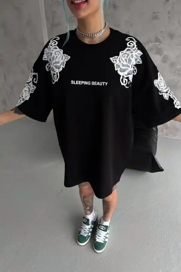 Kadın Kısa Kol Yazlık Tişört Bisiklet Yaka Baskılı Oversize T-Shirt - Siyah