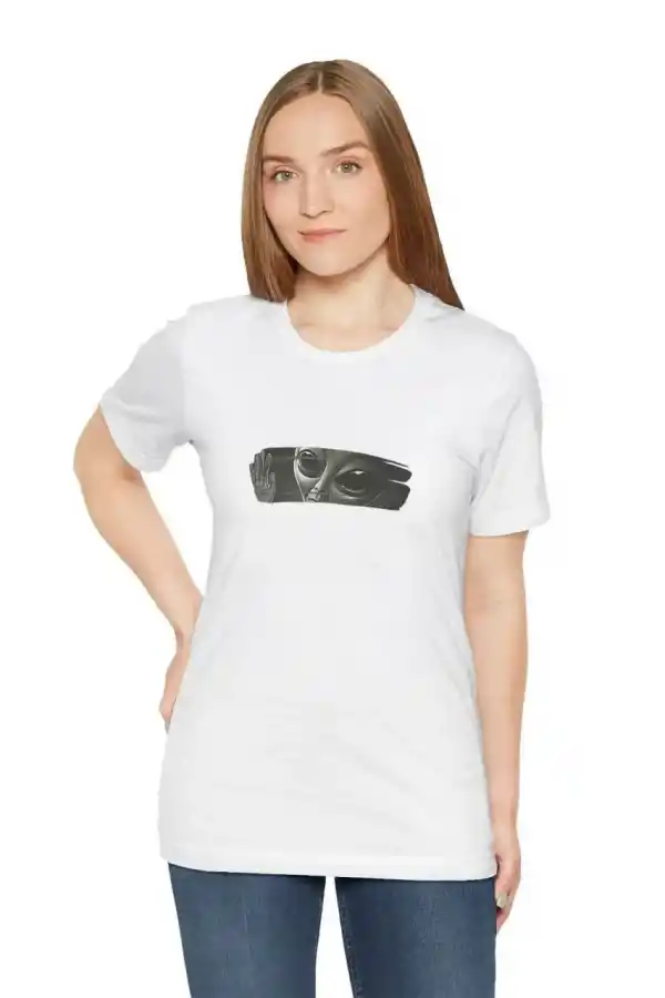 Kadın Bisiklet Yaka Baskılı  kısa kol T-Shirt - Beyaz