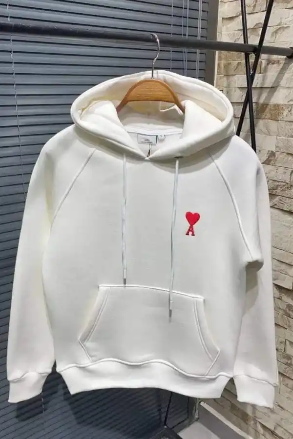 Kadın Oversize Kapüşonlu Cepli KALP Baskılı 3 İplik Pamuklu Hoodie Sweatshirt - Beyaz