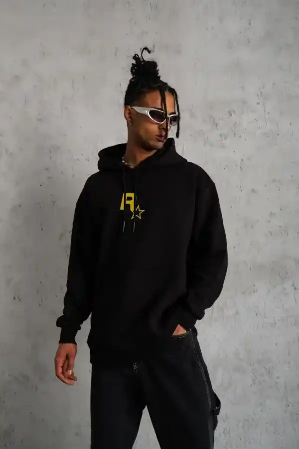 Erkek 3 İplik Pamuklu Kapüşonlu Baskılı Cepli Oversize Sweatshirt Hoodie - Siyah
