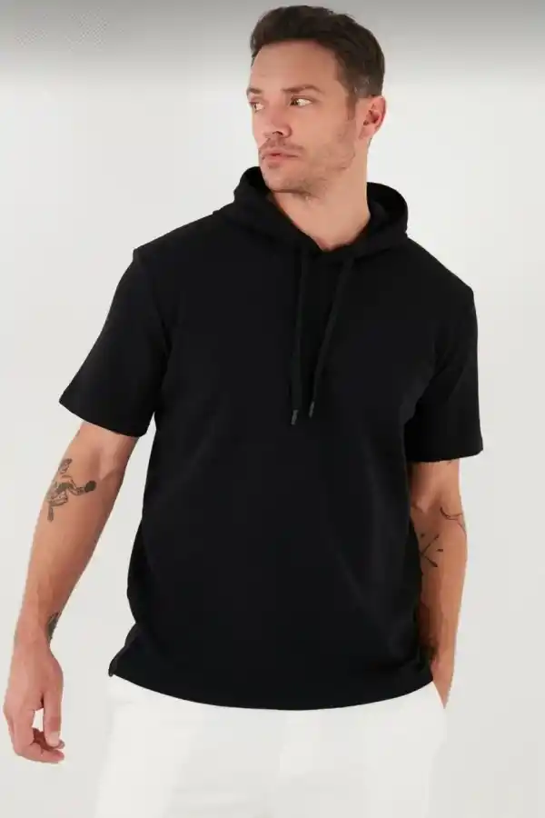 Erkek Kapüşonlu Tişört Kısa Kol Düz Oversize T-shirt - Siyah