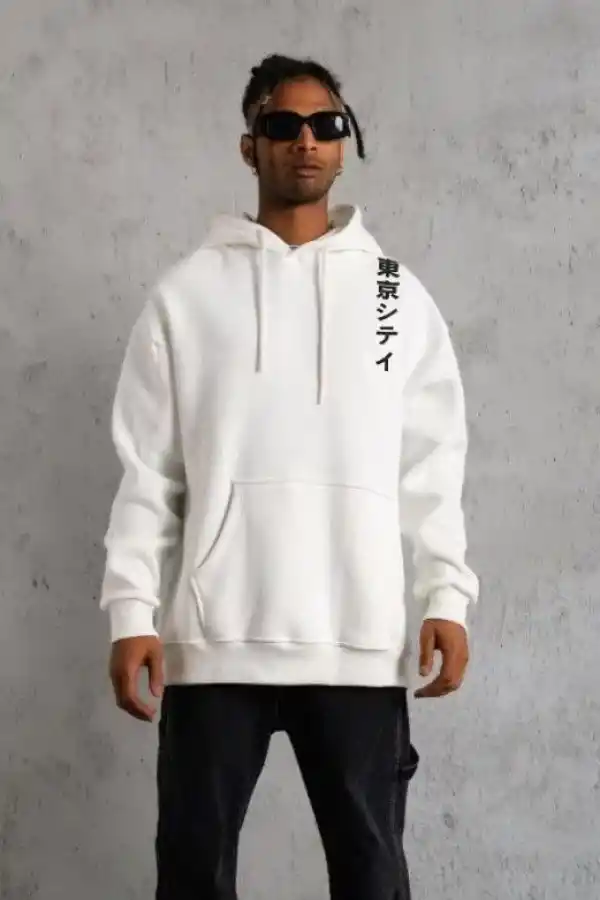 Erkek 3 İplik Pamuklu Kapüşonlu Baskılı Cepli Oversize Sweatshirt Hoodie - Beyaz