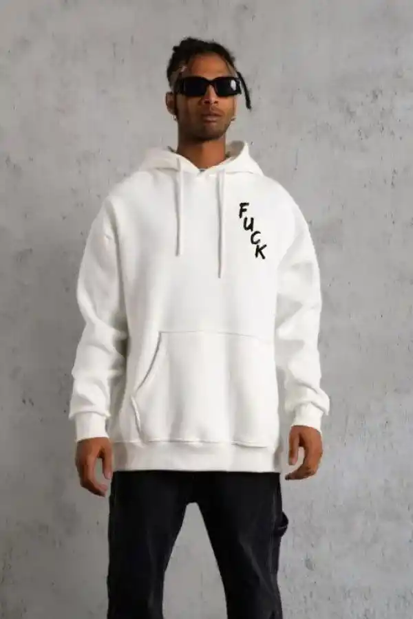 Erkek 3 İplik Pamuklu Kapüşonlu Baskılı Cepli Oversize Sweatshirt Hoodie - Beyaz