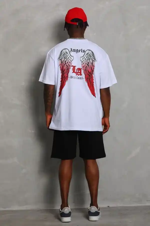 Erkek Kısa Kol Tişört Bisiklet Yaka KANAT Baskılı Oversize T-Shirt - Beyaz