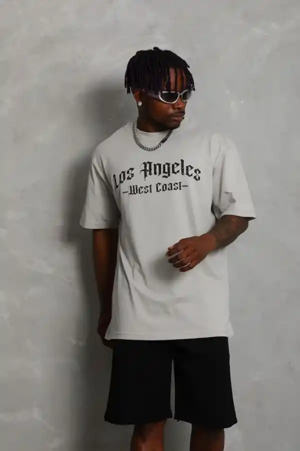 Erkek Baskılı Tişört Kısa Kol Bisiklet Yaka Oversize T-Shirt - Gri