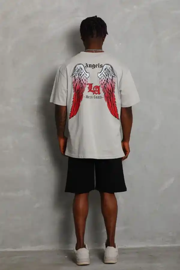 Erkek Baskılı Tişört Kısa Kol Bisiklet Yaka Oversize T-Shirt - Gri