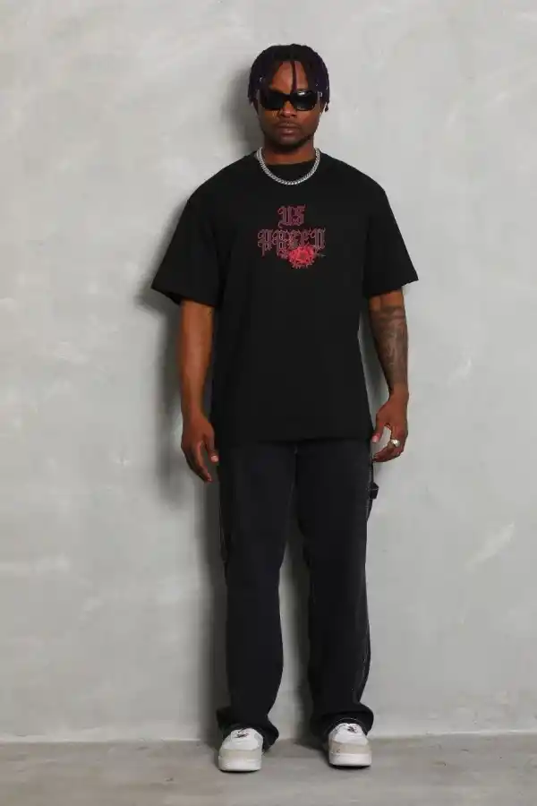Erkek Baskılı Tişört Kısa Kol Bisiklet Yaka Oversize T-Shirt - Siyah
