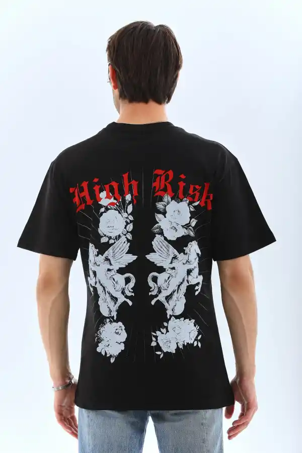 Erkek Baskılı T-Shirt Kısa Kol Bisiklet Yaka Rahat Kalıp Tişört  - Siyah