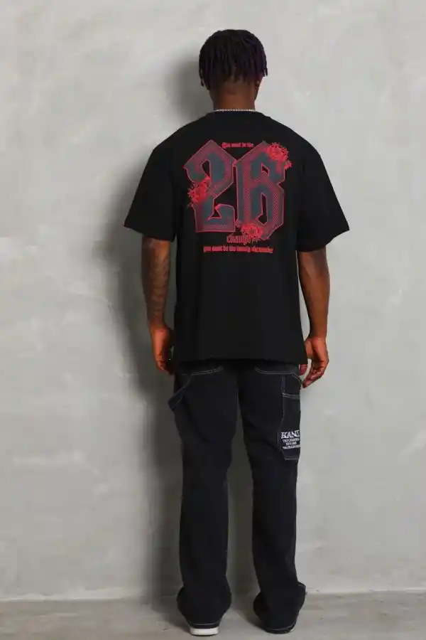 Erkek Baskılı Tişört Kısa Kol Bisiklet Yaka Oversize T-Shirt - Siyah