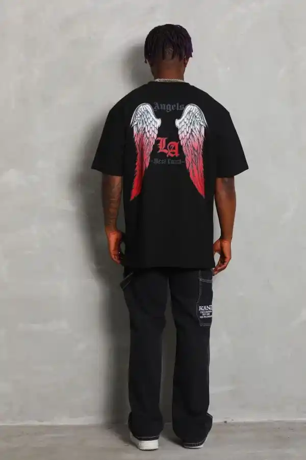 Erkek Baskılı Tişört Kısa Kol Bisiklet Yaka Oversize T-Shirt - Siyah