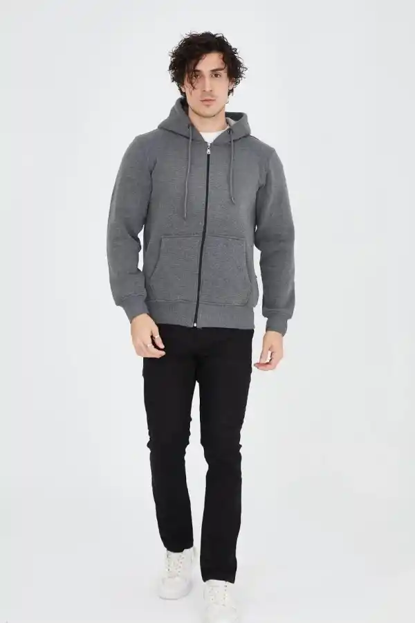 Erkek 3 İplik Pamuklu Kapüşonlu Tam Fermuarlı Cepli Hoodie Sweatshirt - Füme