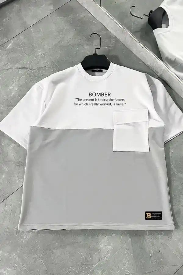 ERKEK Tişört Torba Cepli Parçalı Kısa Kol T-Shirt - Gri