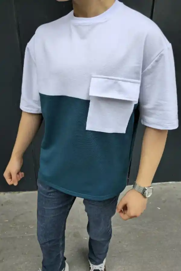Erkek Kısa Kol Yazlık Tişört Torba Cepli Parçalı T-Shirt - Lacivert
