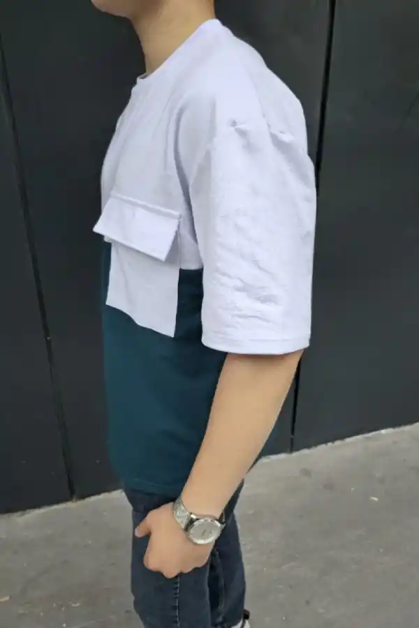Erkek Kısa Kol Yazlık Tişört Torba Cepli Parçalı T-Shirt - Lacivert