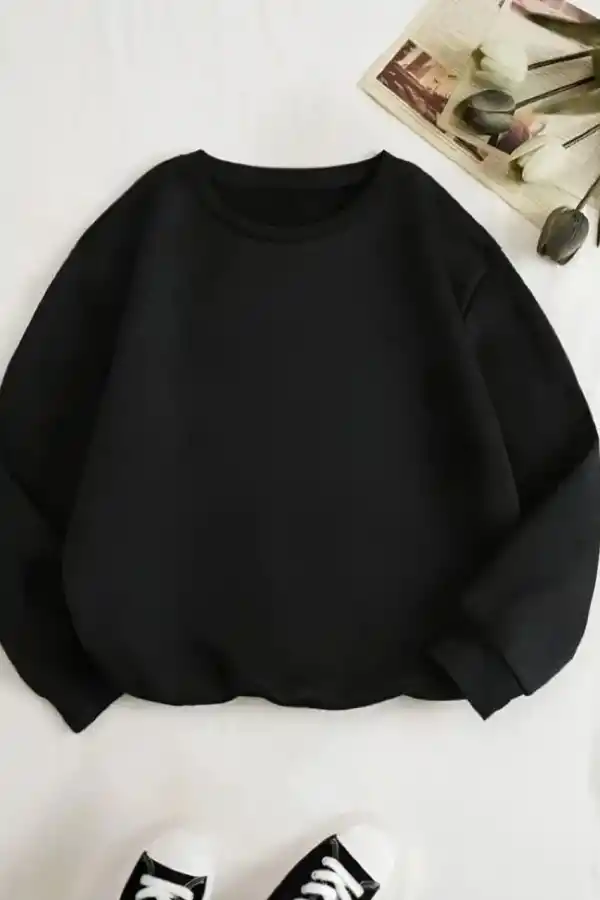 Kadın 3 İplik Pamuklu Bisikilet Yaka SweatShirt - Siyah
