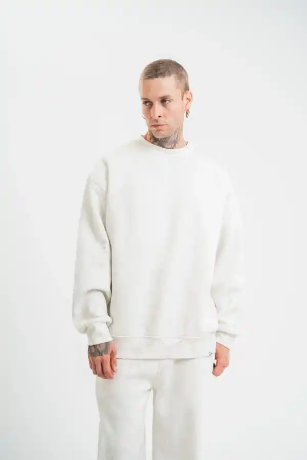 ERKEK 3 İplik Pamuklu Bisiklet Yaka Yıkamalı SweatShirt - Beyaz