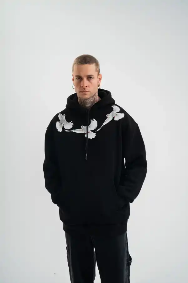 Erkek 3 İplik Pamuklu Kapüşonlu Baskılı Cepli Oversize Sweatshirt Hoodie - Siyah