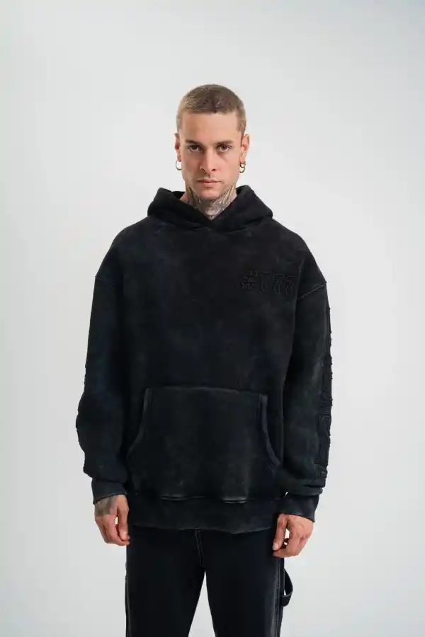 ERKEK 3 iplik Pamuklu Kapüşonlu Yıkamalı Nakışlı Hoodie SweatShirt - Siyah