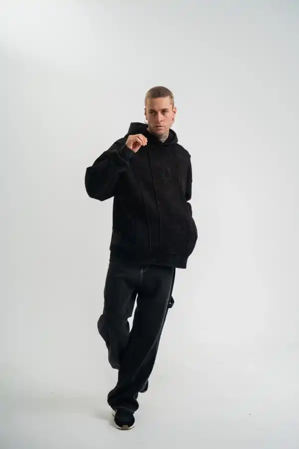 ERKEK 3 iplik Pamuklu Kapüşonlu Yıkamalı Nakışlı Hoodie SweatShirt - Siyah
