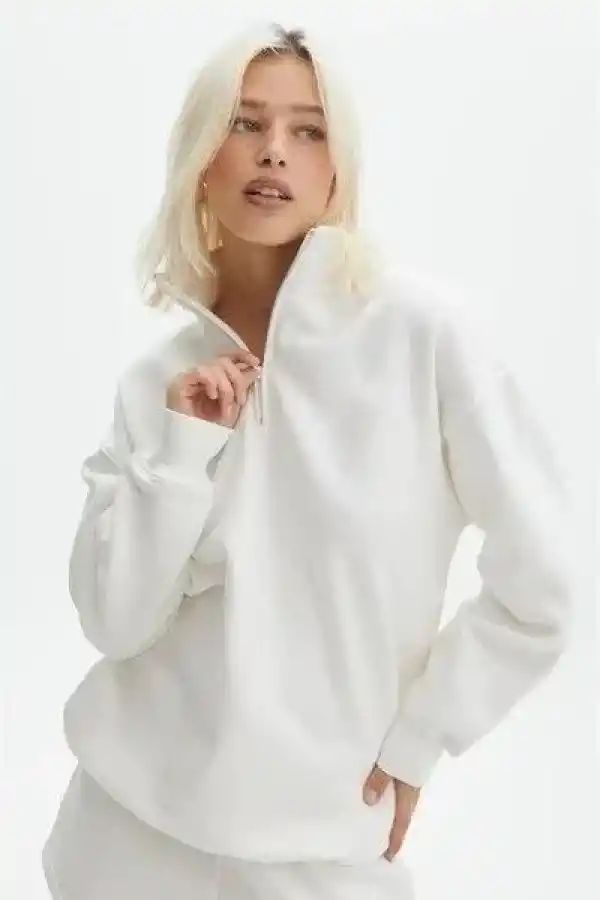 Kadın 3 İplik Pamuklu Oversize Yarım Fermuarlı Yakalı Basic Sweatshirt - Beyaz