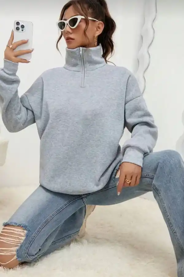 Kadın 3 iplik Pamuklu Uzun Kol Yarım Farmuarlı Yakalı  SweatShirt - Gri