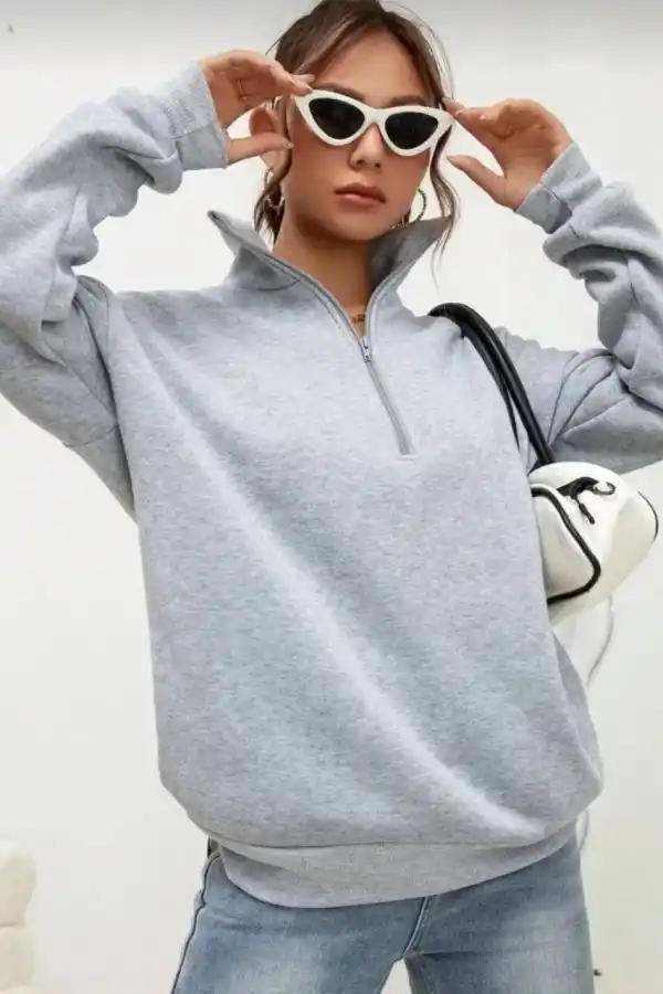 Kadın 3 iplik Pamuklu Uzun Kol Yarım Farmuarlı Yakalı  SweatShirt - Gri