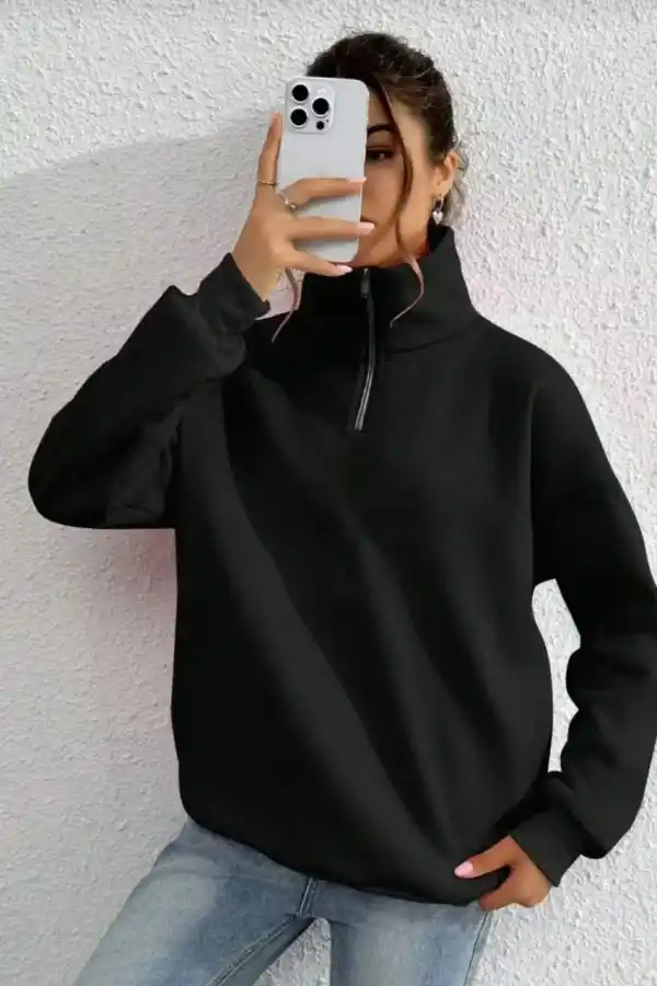Kadın 3 iplik Pamuklu Uzun Kol Yarım Farmuarlı Yakalı SweatShirt - Siyah